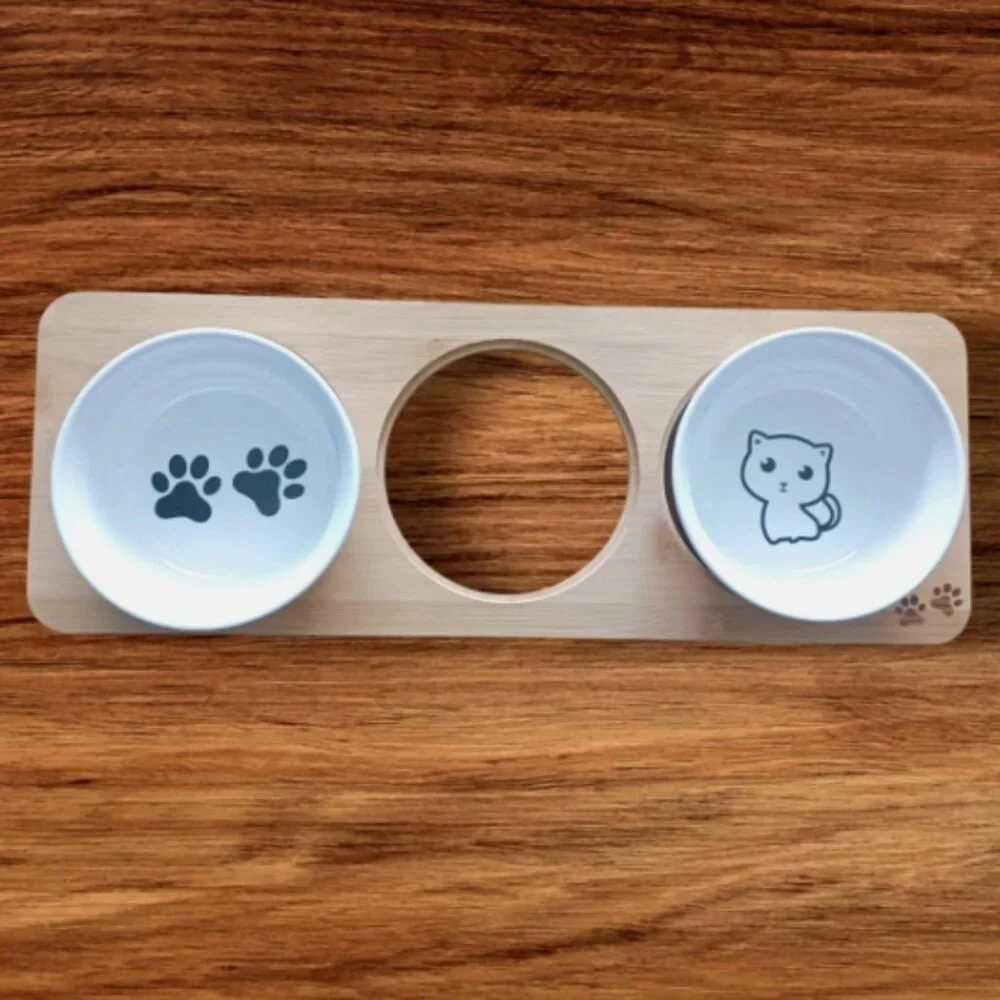 Comesoon ceramic cat Bowls Set of 2 Food/Water / Black & white with wood Holder